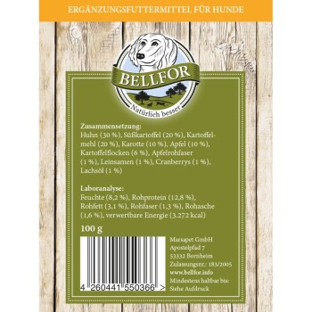 Etikett für Bellfor Hundefutterergänzung mit Zutaten wie Huhn, Süßkartoffel und Cranberries, mit Nährwertanalyse und Barcode.