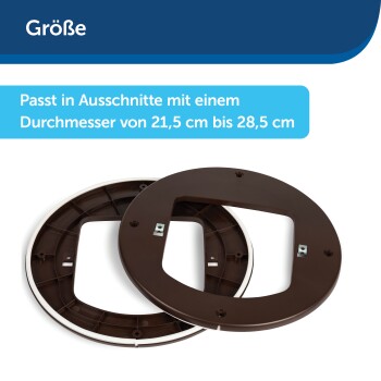 Zwei runde Futterschalen-Basen in Braun und Weiß, mit dem Text: "Größe: Passt in Öffnungen von 21,5 cm bis 28,5 cm."