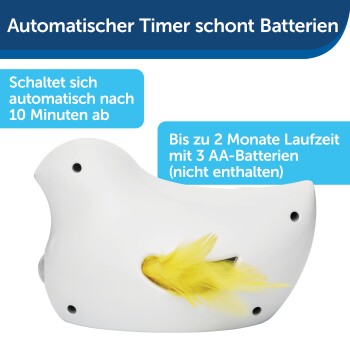 Weißer, vogelähnlicher automatischer Timer-Spielzeug mit einer gelben Feder, mit Text über Batteriekonservierung und Laufzeit.