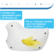 Weißer, vogelähnlicher automatischer Timer-Spielzeug mit einer gelben Feder, mit Text über Batteriekonservierung und Laufzeit.