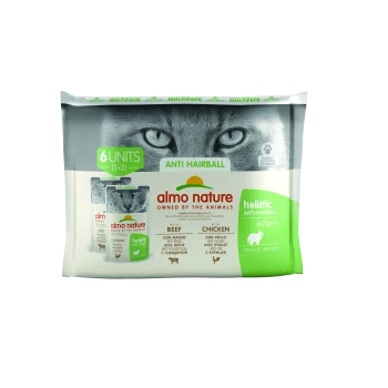 Multipack von Almo Nature ganzheitlichem Anti-Haarball Katzenfutter, mit 6 Einheiten (3 Rind, 3 Huhn), mit dem Gesicht einer Katze im Hintergrund.