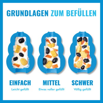 Drei blaue Haustierspielzeug-Formen mit Joghurt und Leckerlis; Überschrift GRUNDLAGEN ZUM BEFÜLLEN und Beschriftungen EINFACH, MITTEL, SCHWER.