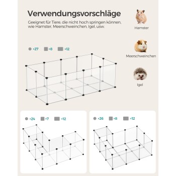 Transparente Haustiergehege-Vorschläge für Hamster, Meerschweinchen und Igel, mit Montageanleitungen und Komponentenanzahl.