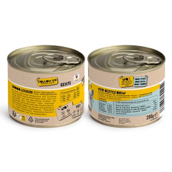 Dosen-Haustierfutter mit einem beigen Etikett, mit dem Text "SOOOOO LECKER!" und "NUR BESTES DRIN", das Zutaten und Nährwertinformationen hervorhebt.