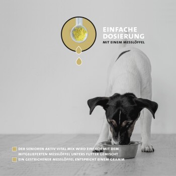 Ein Hund, der aus einer Metallschüssel frisst, mit einer Grafik eines Messlöffels und Text über das Mischen "SENIOREN AKTIV VITAL MIX."