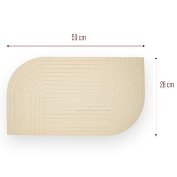 Beige Haustierfuttermatte mit abgerundetem Rand, 50 cm mal 28 cm groß, mit einer strukturierten, gerippten Oberfläche.