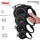 A hand holding a black Flexi retractable dog leash, with three different sizes (L, M, S, XS) displayed vertically beside it.