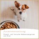 Ein kleiner Hund sitzt neben einer Schüssel mit Trockenfutter. Der Text lautet 'Zusammensetzung: Fleisch- und tierische Nebenprodukte vom Rind.'