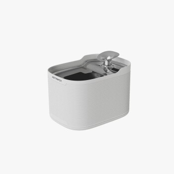 Weiße AstroPet Haustier-Wasserbrunnen mit Edelstahloberteil und Auslauf auf weißem Hintergrund.