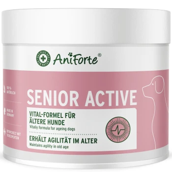 Behälter von AniForte Senior Active, einer Vitalitätsformel für ältere Hunde, mit einem rosa Design und Text in Deutsch und Englisch.