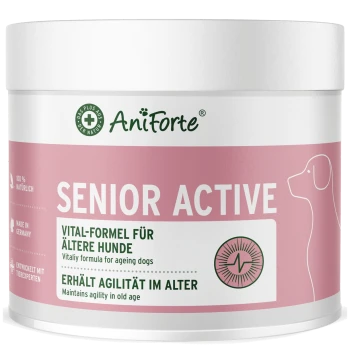 Behälter von AniForte Senior Active, einer Vitalitätsformel für ältere Hunde, mit einem rosa Design und Text in Deutsch und Englisch.