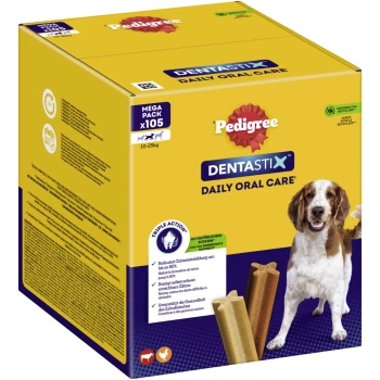 Pedigree Dentastix Daily Oral Care Mega-Pack mit 105 Zahnpflege-Kauartikeln für Hunde, mit einem lächelnden Hund und Ansprüchen auf dreifache Vorteile.