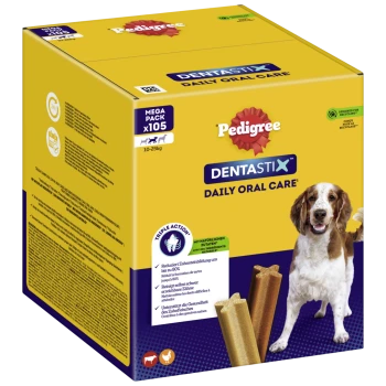 Pedigree Dentastix Daily Oral Care Mega-Pack mit 105 Zahnpflege-Kauartikeln für Hunde, mit einem lächelnden Hund und Ansprüchen auf dreifache Vorteile.
