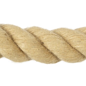 Natürliche Jute-Seil, gedreht und strukturiert, ideal für Haustierspielzeug oder Training, vor einem weißen Hintergrund präsentiert.