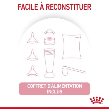 Composants du kit d'alimentation pour animaux : bouteille, tétines, cuillère doseuse, sachet de nourriture, avec le texte "FACILE À RECONSTITUER" et "COFFRET D'ALIMENTATION INCLUS."
