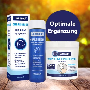 Canosept Ohrenreiniger und Ohrpflege-Fingerpads für Hunde, mit Produktbeschreibungen und dem Text 'Optimale Ergänzung.'