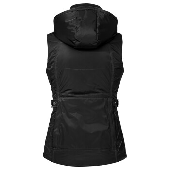 Schwarze Haustierweste mit Kapuze, mit einem schlanken Design und verstellbaren Riemen an den Seiten.