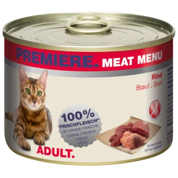 Dose Katzenfutter mit einem Aufreißdeckel, mit einer Bengal-Katze, beschriftet "Premiere Meat Menu" mit "100% Frisches Fleisch" und "Erwachsene" Text.