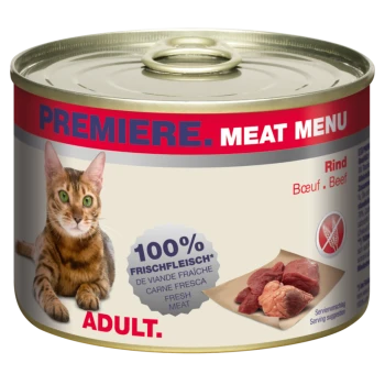 Dose Katzenfutter mit einem Aufreißdeckel, mit einer Bengal-Katze, beschriftet "Premiere Meat Menu" mit "100% Frisches Fleisch" und "Erwachsene" Text.