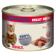 Dose Katzenfutter mit einem Aufreißdeckel, mit einer Bengal-Katze, beschriftet "Premiere Meat Menu" mit "100% Frisches Fleisch" und "Erwachsene" Text.