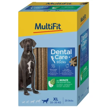 Boîte de bâtonnets de soin dentaire MultiFit pour chiens, étiquetée "XL 35-50 KG," avec 20 bâtonnets et les affirmations "Pas de sucres ajoutés" et "Avec de la menthe."