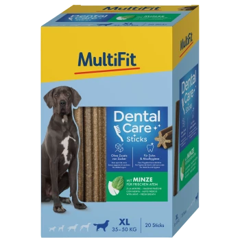 Doos van MultiFit Dental Care Sticks voor honden, gelabeld 'XL 35-50 KG', met 20 sticks en claims 'Geen toegevoegde suikers' en 'Met munt.'