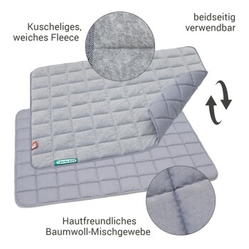Wendbare graue Fleece-Haustiermatte mit Text: "Kuscheliges, weiches Fleece," "beidseitig verwendbar," und "Hautfreundliches Baumwoll-Mischgewebe."