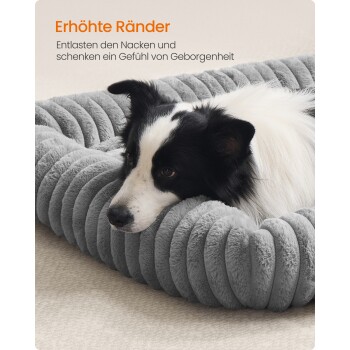 Schwarz-weißer Hund ruht auf einem grauen Plüsch-Haustierbett mit erhöhten Rändern; deutscher Text über Nackenentlastung und Komfort.