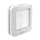 Weiße Haustiertür mit einer transparenten Klappe, beschriftet mit "SUREFLAP," entworfen für einfachen Zugang für Haustiere.
