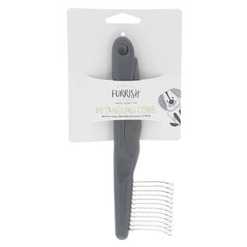 Gray Furrish detangling comb with wavy metal teeth on white hang card reading "Furrish" and "Detangling Comb"