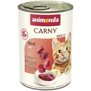 Dose Animonda CARNY Rind-Katzenfutter, Adult 1+, mit orange-getigerter Katze und Rindfleischstücken.