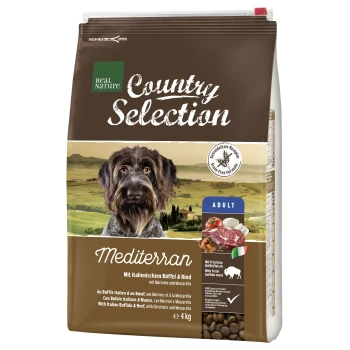 Hundefutterbeutel mit der Aufschrift "Real Nature Country Selection Mediterran", der italienisches Büffel- und Rindfleisch mit Kastanien und Mozzarella enthält, 4 kg.