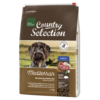 Hundefutterbeutel mit der Aufschrift "Real Nature Country Selection Mediterran", der italienisches Büffel- und Rindfleisch mit Kastanien und Mozzarella enthält, 4 kg.
