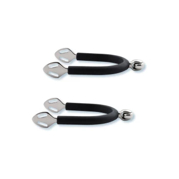 Sporen Soft Touch 3,5 cm Schwarze Gummi- und Edelstahlsporen mit einer Glocke, entworfen für den Reitsport, auf einem weißen Hintergrund präsentiert.