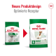 Vergleich der Verpackung von Royal Canin Hundefutter, mit einem neuen Design für "Mini Adult 8+" mit Fokus auf optimiertes Rezept und Gewichtserhaltung.