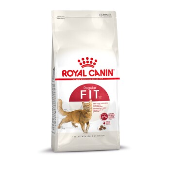 Un sac de nourriture pour chats Royal Canin Regular Fit 32 avec une illustration d'un chat orange joueur, avec un texte mettant en avant "Nutrition de santé féline."