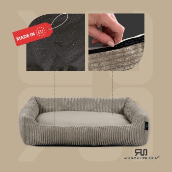 Haustierbett mit geripptem Design, mit abnehmbarem Bezug, rutschfester Unterseite und einem Etikett, das 'MADE IN EU' angibt.