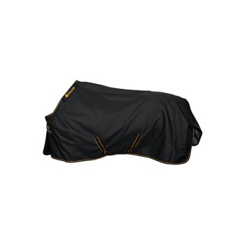 Eine schwarze Haustierdecke mit gelbem Rand, mit dem Bucas-Logo in der oberen linken Ecke, entworfen für den Komfort und die Wärme von Haustieren.