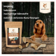 Eine braune Tüte mit Wildfang Rotwildgeweih-Kauspielzeug für Hunde liegt neben drei Geweihstücken, während ein goldener Cocker Spaniel neugierig in die Kamera schaut.