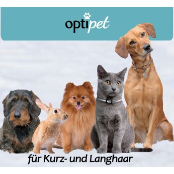 Bild von fünf Haustieren: einem grauen Hund, einem Kaninchen, einem Pomeranian, einer grauen Katze und einem braunen Hund, mit dem Text 'optipet für Kurz- und Langhaar' am unteren Rand.