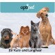 Bild von fünf Haustieren: einem grauen Hund, einem Kaninchen, einem Pomeranian, einer grauen Katze und einem braunen Hund, mit dem Text 'optipet für Kurz- und Langhaar' am unteren Rand.