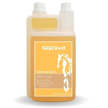 Flasche Supravit Reiskeimöl 1000ml Flüssigkeit mit Pferdeillustration und deutschem Text auf dem Etikett.