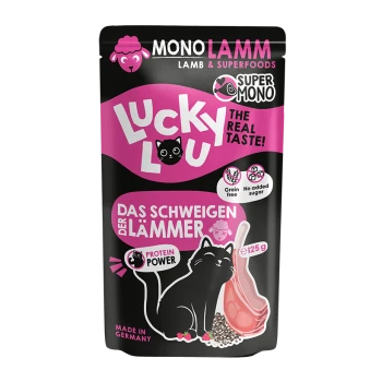 Lucky Lou MONOLAMM Katzenbeutel, schwarze Katze und Lammkotelett; Kennzeichnungen: getreidefrei, ohne zugesetzten Zucker, Protein, 125 g.