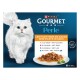 Boîte Purina Gourmet Perle pour chat avec chat blanc à poils longs, assiette de mini-filets en sauce, étiquette « Les filettines en sauce »