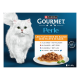 Boîte Purina Gourmet Perle pour chat avec chat blanc à poils longs, assiette de mini-filets en sauce, étiquette « Les filettines en sauce »