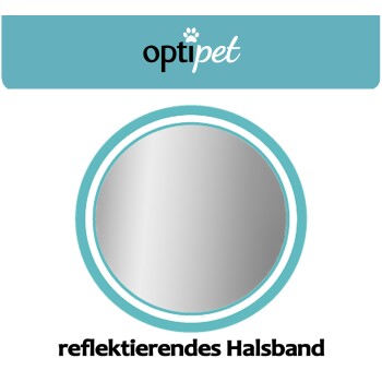 OptiPet-Logo oben; darunter ein kreisförmiges Bild eines reflektierenden Halsbands mit dem Text "reflektierendes Halsband" in Fettdruck.