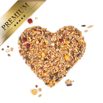 Herzförmige Anordnung verschiedener Samen und Körner mit einem goldenen Banner "PREMIUM" in der Ecke.