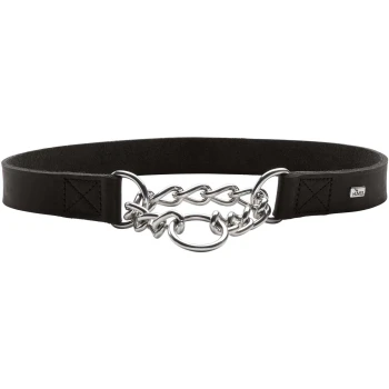 Schwarzes Lederhalsband für Hunde mit einer Metallkette und Ring, mit einem kleinen 'HUNTER'-Logoetikett auf einer Seite.