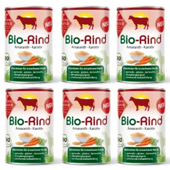 Sechs Dosen "Bio-Rind" Hundefutter mit Amaranth und Karotte, als glutenfrei und laktosefrei gekennzeichnet, mit einem roten Kuhlogo und "NEU"-Schild.