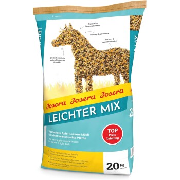 20 kg Sack Josera Leichter Mix Pferdefutter, mit einer Pferdesilhouette aus Müsli, die niedrigen Zucker, Protein und Vorteile für leichte Arbeit hervorhebt.